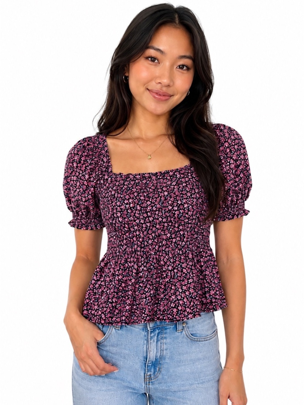 LOFT Ditsy Floral Smocked Square Neck Peplum Blouse In Pink - Women’s XS